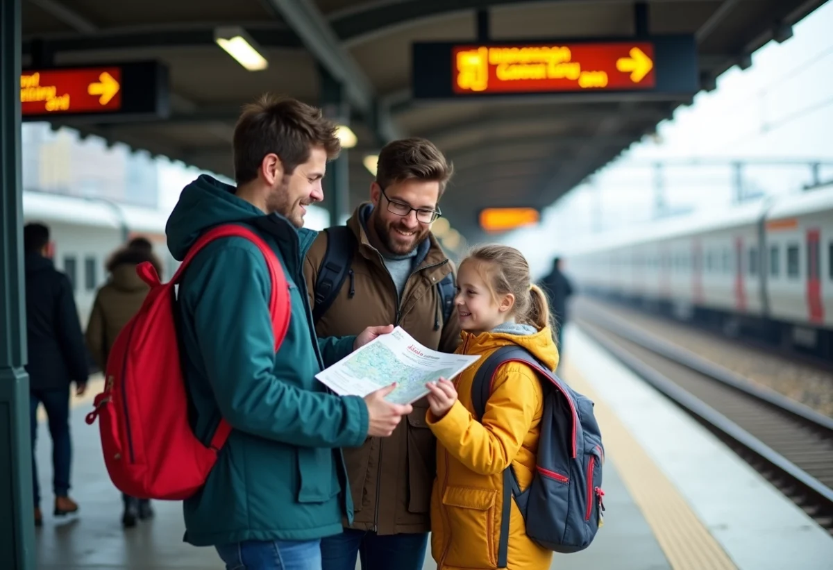 Famille sur le quai de train au Canada avec carte et carte