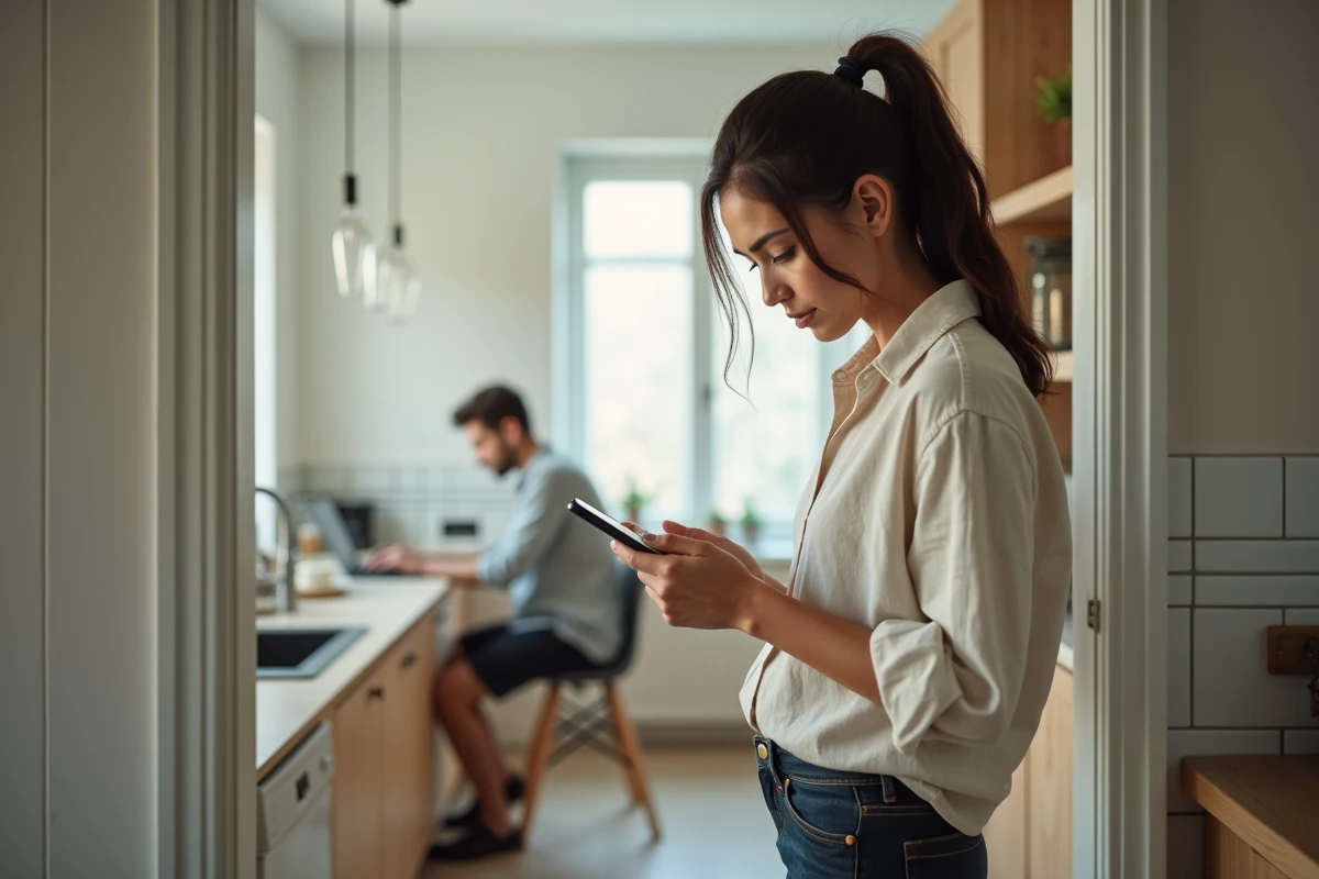 Femme anxieuse attendant un message dans une cuisine pendant que son partenaire évitant l'ignore, illustrant un schéma relationnel toxique