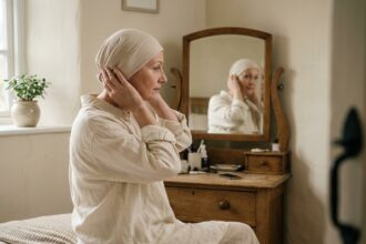 Femme portant un bonnet de chimiothérapie en coton doux devant un miroir, ajustant son couvre-chef avec sérénité dans une chambre cosy aux tons neutres