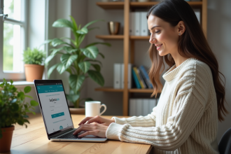 Femme souriante travaillant sur son ordinateur avec Laclasse
