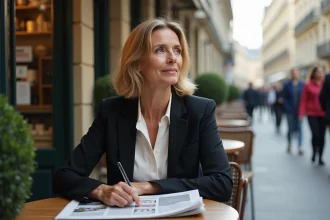 Femme pensante dans un café parisien en terrasse