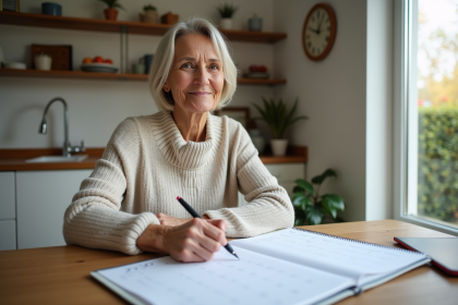 Femme assise avec calendrier 2050 dans une cuisine lumineuse
