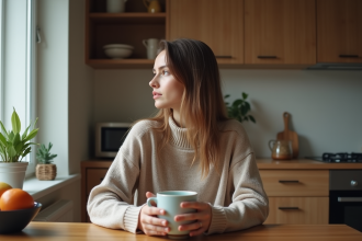 Jeune femme pensant dans sa cuisine moderne