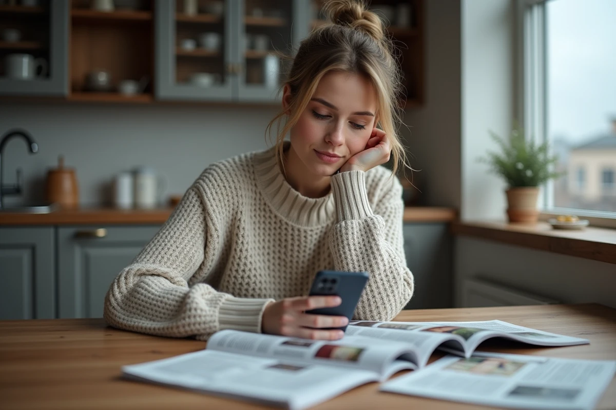 Femme pensante regardant des articles sur son smartphone