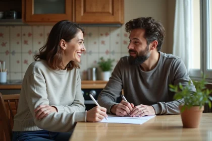 Femme et jeune homme discutant à la cuisine dans un appartement français