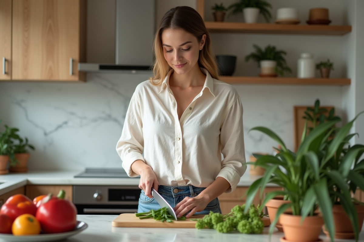 Femme en cuisine coupant des légumes frais dans un cadre moderne