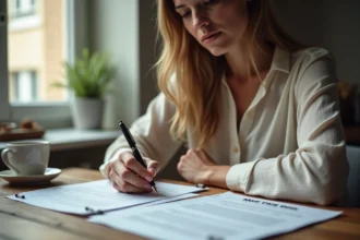 Femme seule face à des documents de divorce posés sur une table en bois dans un appartement français