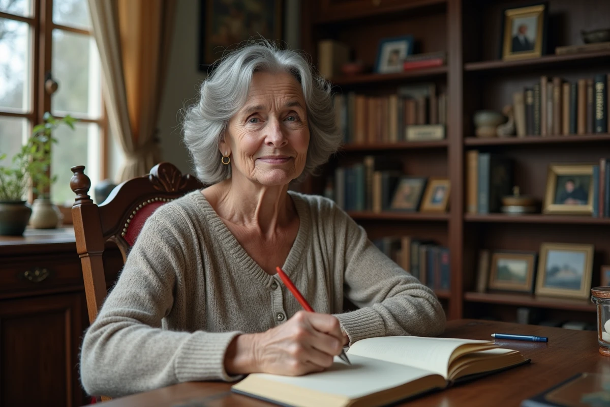 Femme d'âge moyen écrivant à un bureau ancien dans un salon cozy