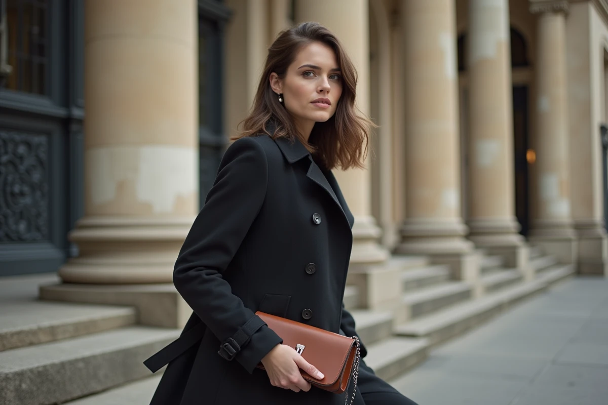Femme élégante et réservée devant un immeuble haussmannien, portrait éditorial à Paris