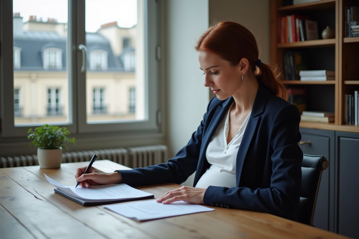 Femme enceinte professionnelle en blazer marine assise à un bureau dans un intérieur parisien moderne