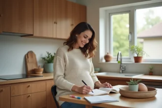 Femme enceinte souriante dans la cuisine moderne