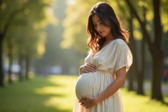 Femme enceinte aux cheveux bruns en robe lin crème tenant son ventre dans un parc urbain verdoyant