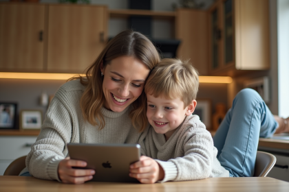 Femme et enfant souriants explorant une tablette dans la cuisine chaleureuse