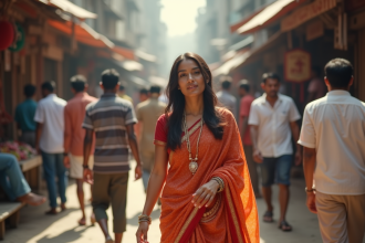 Jeune femme indienne marchant dans un marché animé