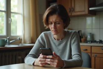 Femme inquiète consultant son application bancaire sur smartphone en attendant le versement du RSA