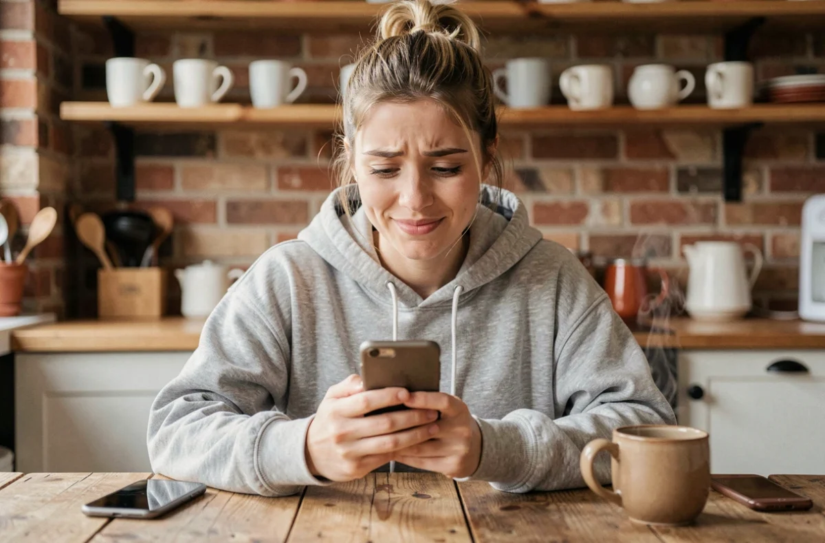 Jeune femme émue lisant un message touchant de sa meilleure amie sur son téléphone dans une cuisine chaleureuse