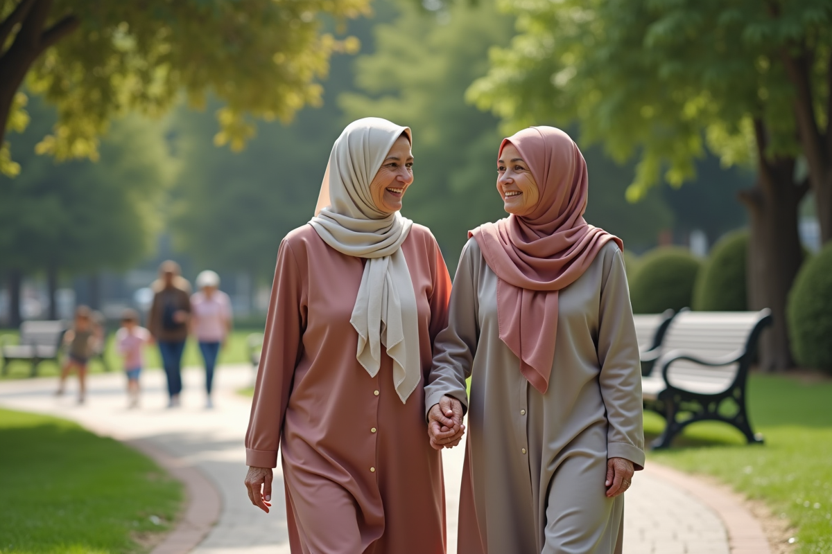 Femme musulmane et sa mère marchant dans le parc