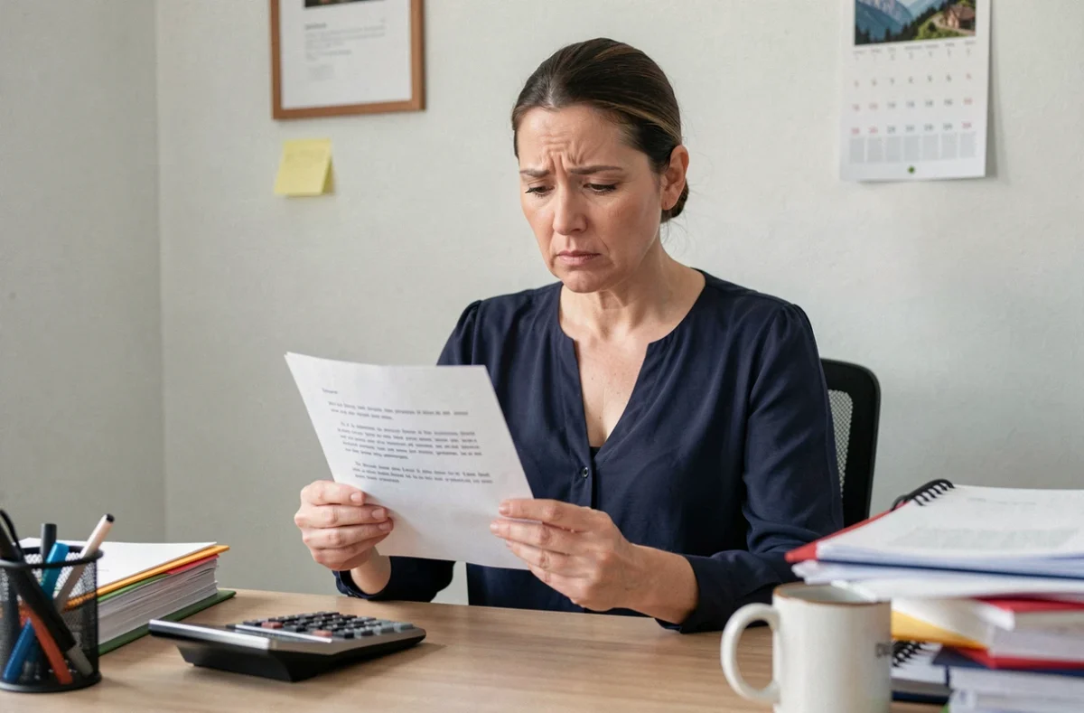 Femme adulte lisant seule un document officiel relatif à son obligation alimentaire envers un parent âgé