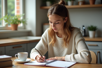 Jeune femme écrivant dans un planner dans une cuisine lumineuse