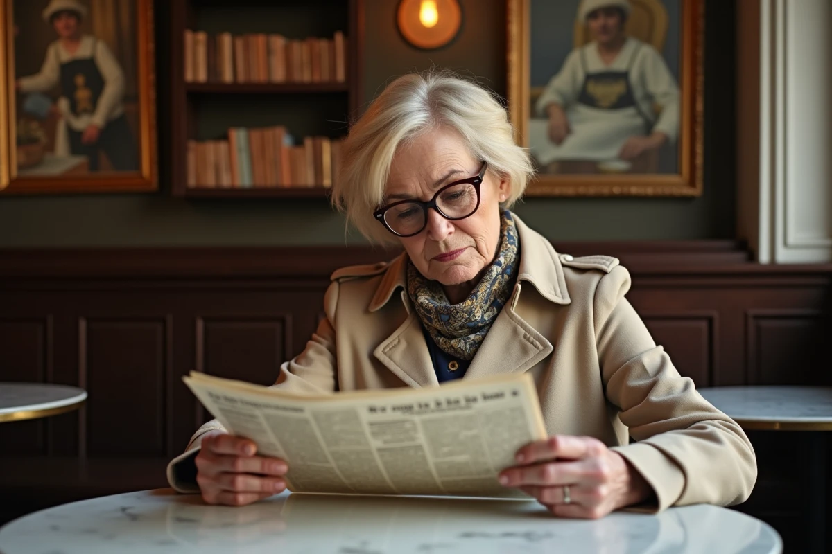 Femme française lisant un journal dans un bistro parisien