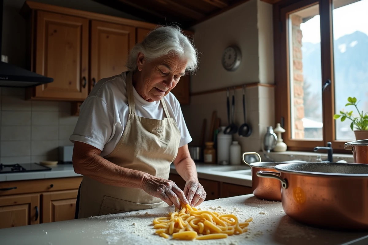Femme italienne préparant des pâtes maison dans une cuisine rustique