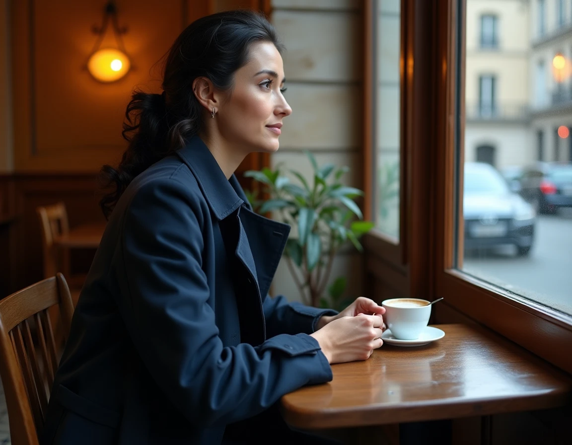 Femme pensive seule dans un café parisien réfléchissant à la protection de sa vie privée