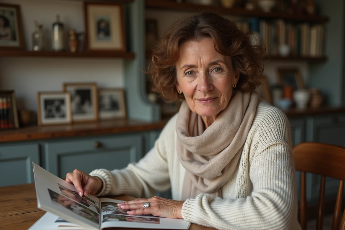 Femme de 50 ans feuilletant un album photo nostalgique