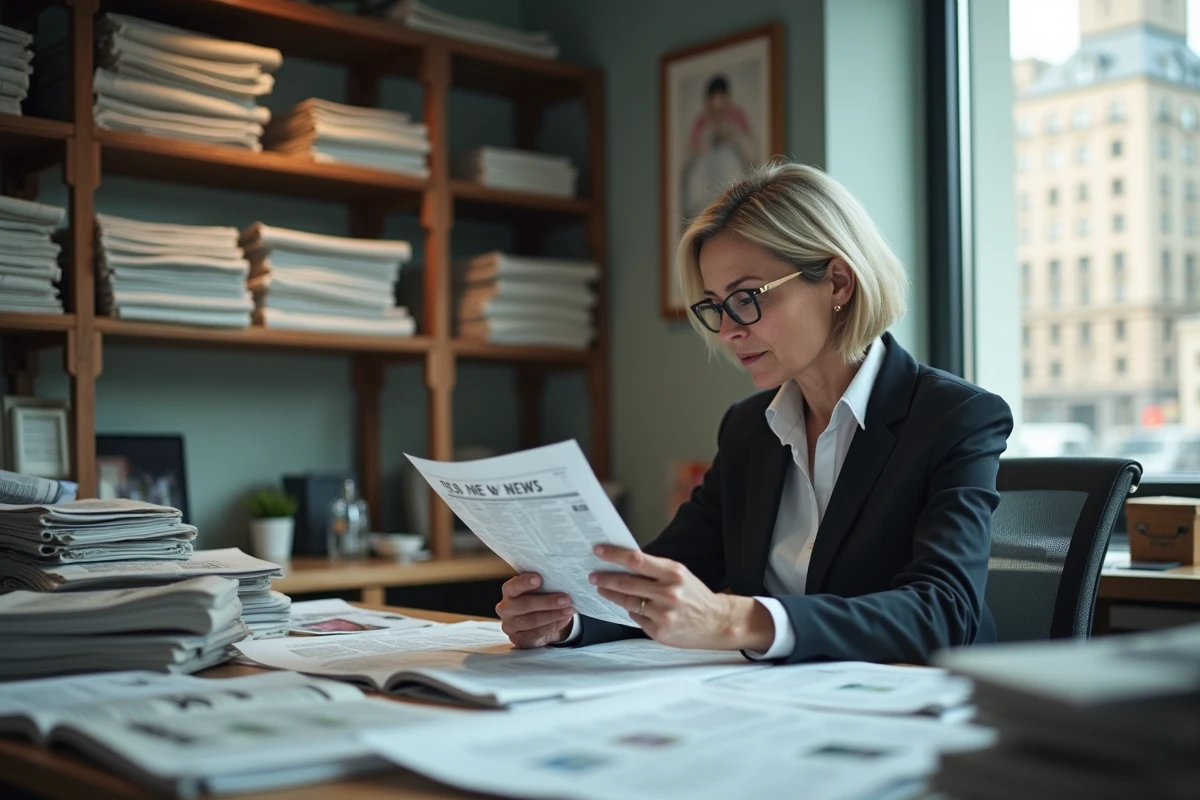 Femme éditrice examinant des pages dans un bureau chargé