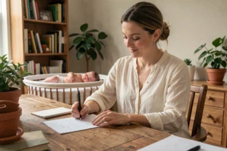 Femme en congé parental rédigeant une lettre à son employeur depuis son bureau à domicile avec un nourrisson en arrière-plan