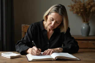 Femme écrivant dans un registre de condoléances avec un stylo plume, atmosphère intimiste et recueillie