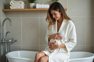 Femme assise sur la baignoire dans une salle de bain chaleureuse