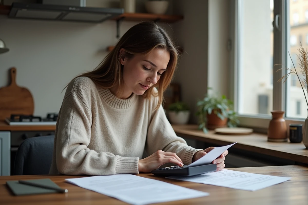 Femme française examine documents financiers à la maison