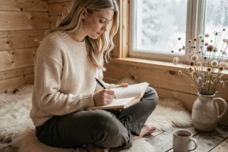 Jeune femme scandinave écrivant des prénoms nordiques dans un journal en cuir, intérieur minimaliste en bois de pin