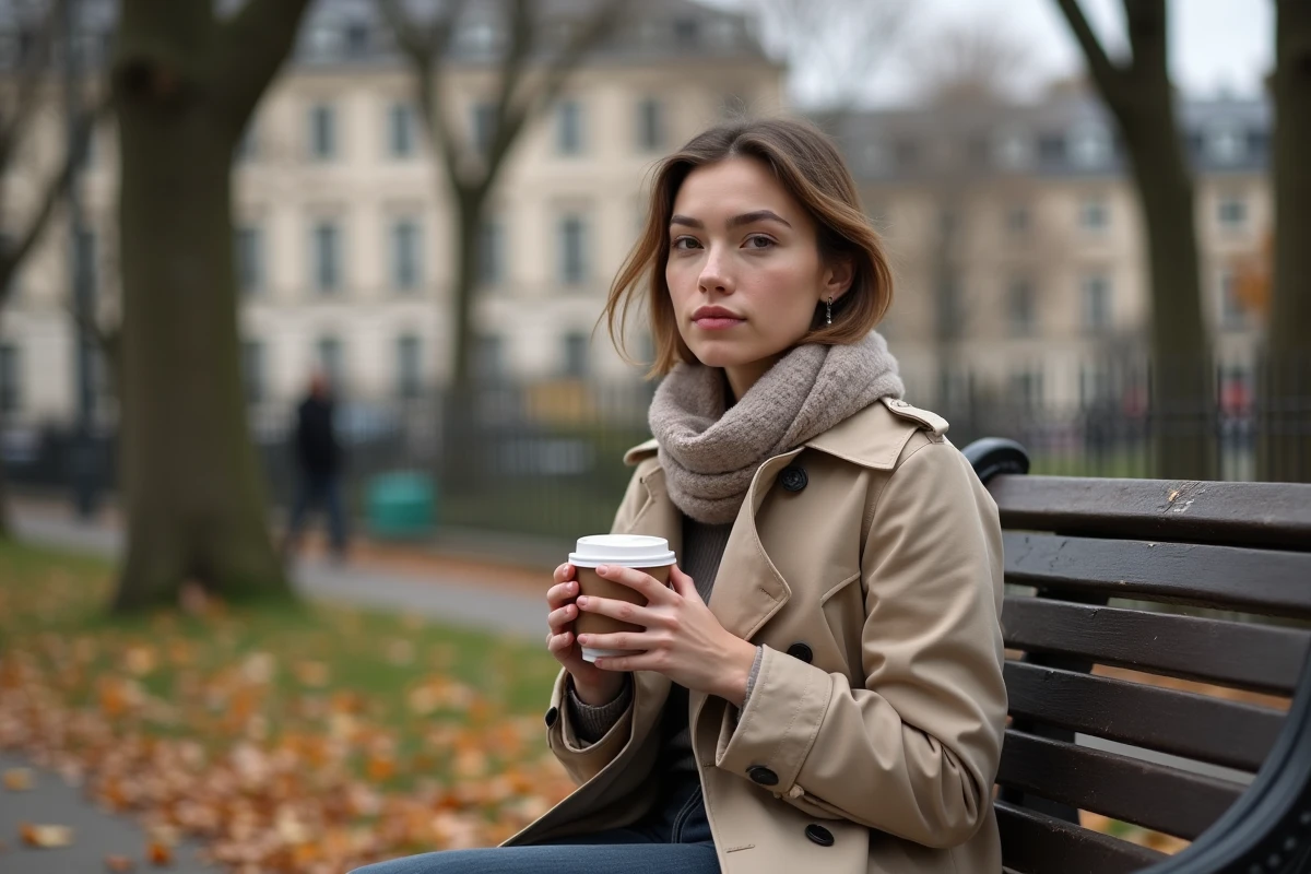 Jeune femme pensive assise seule sur un banc dans un square parisien en automne, illustrant la solitude après un divorce