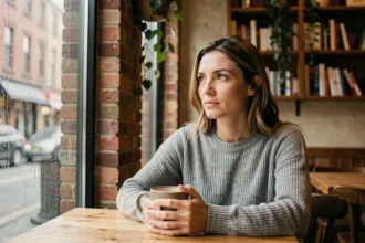Femme songeuse dans un café contemplant ses sentiments amoureux ou son attachement