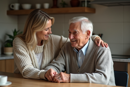 Femme aidant son père âgé dans la cuisine chaleureuse
