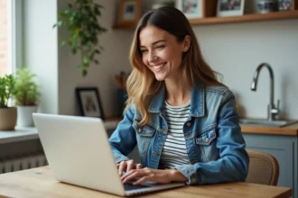 Femme souriante travaillant sur un laptop dans une cuisine lumineuse