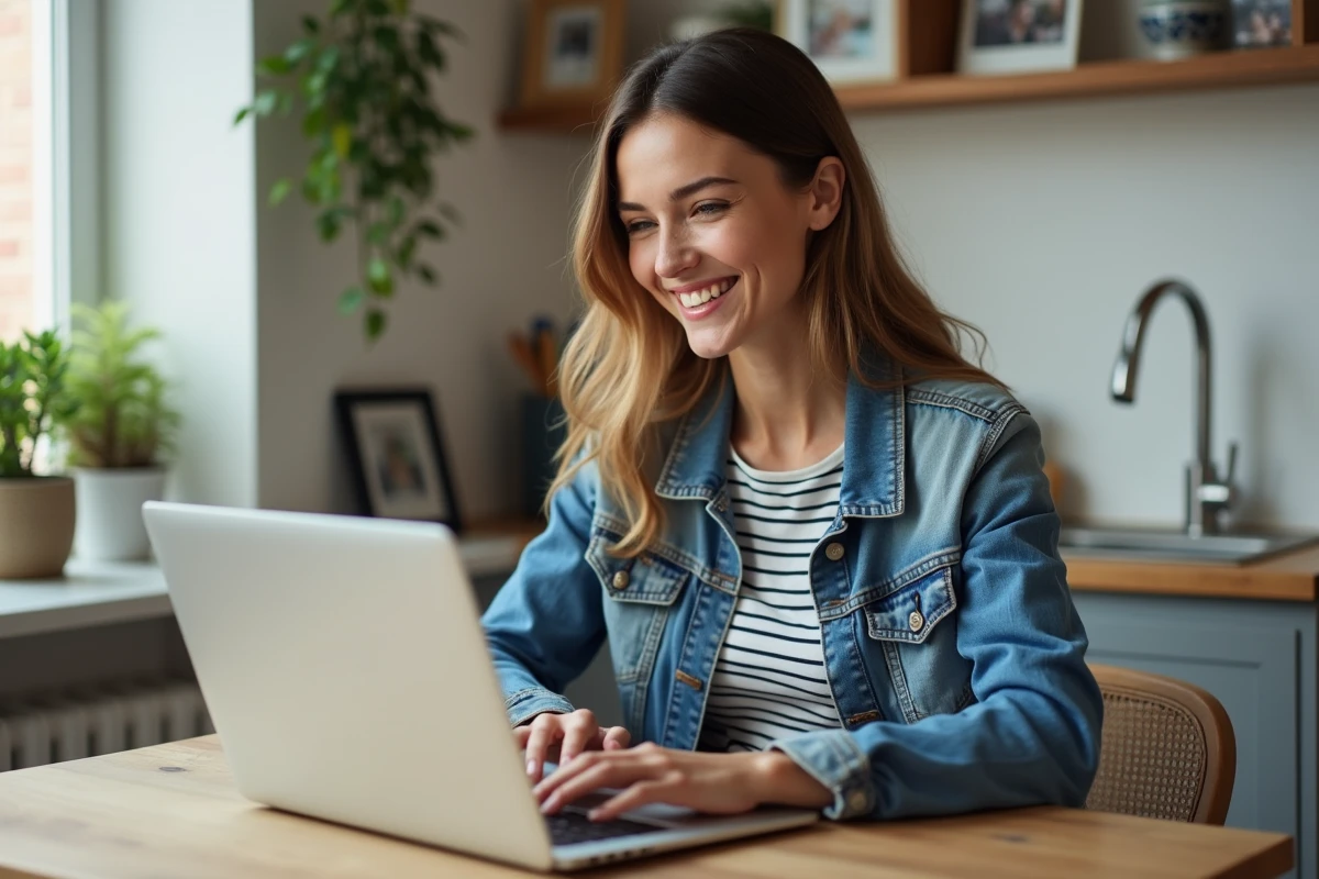 Femme souriante travaillant sur un laptop dans une cuisine lumineuse