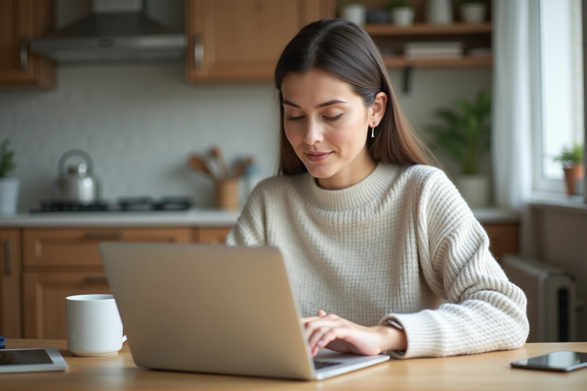 Femme travaillant sur son ordinateur dans une cuisine lumineuse