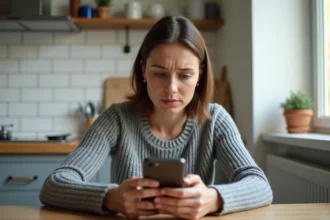 Femme inquiète consultant son smartphone pour vérifier une fuite de données Pajemploi