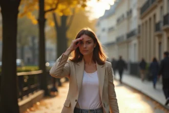 Femme marchant dans une rue parisienne en automne protégeant sa vie privée loin des caméras