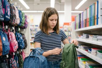 Jeune fille de 13 ans compare deux sacs à dos scolaires