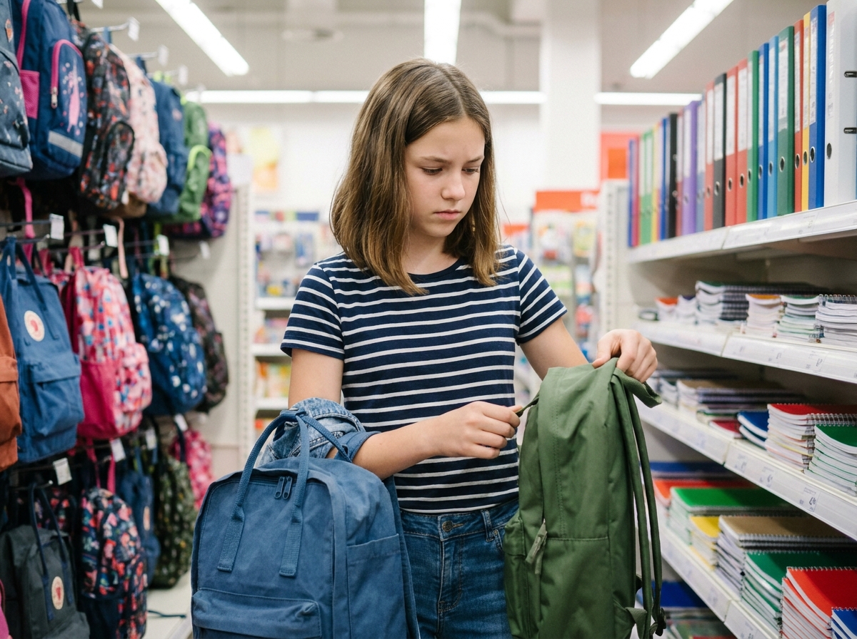 Jeune fille de 13 ans compare deux sacs à dos scolaires