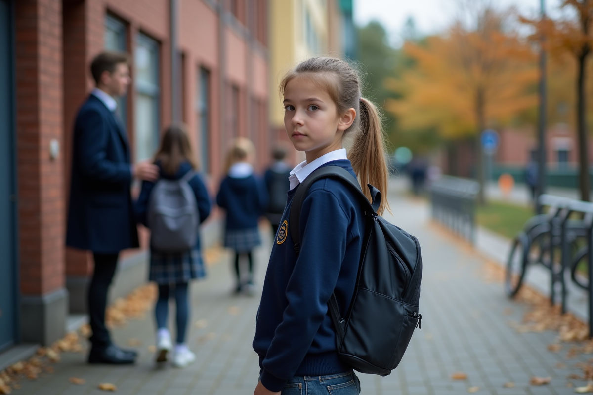 Fille de 11 ans en uniforme scolaire face à un enseignant