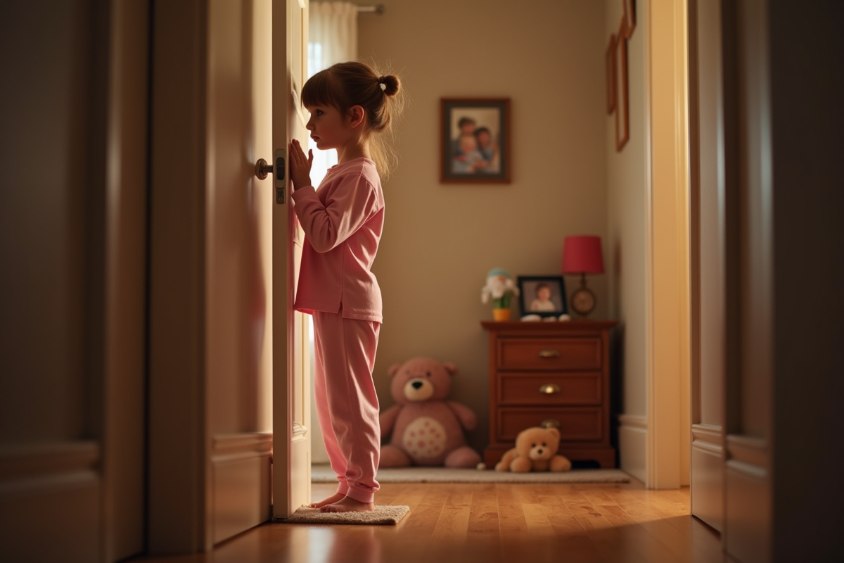 Fille regardant dans le couloir avant le coucher
