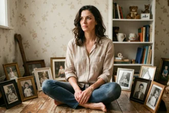 Jeune femme assise entourée de souvenirs d'enfance et photos de famille, évoquant une confiance intime sur sa vie avec une mère célèbre