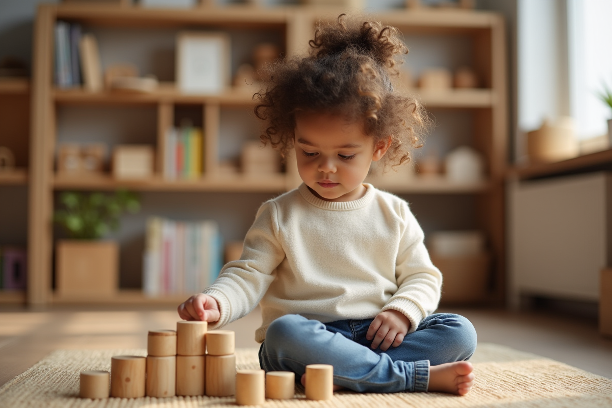 Jeune fille de 5 ans arrangeant des blocs Montessori