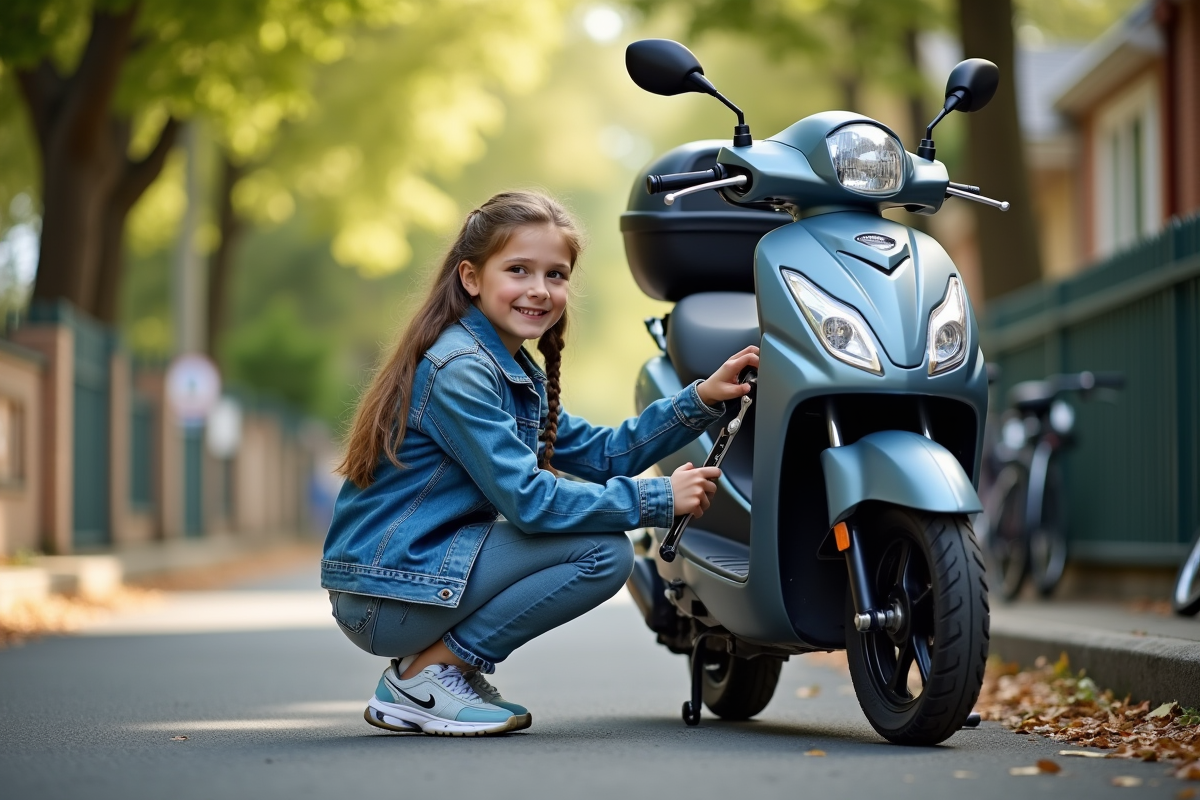 Fille de 14 ans inspectant et réparant son scooter dans la rue