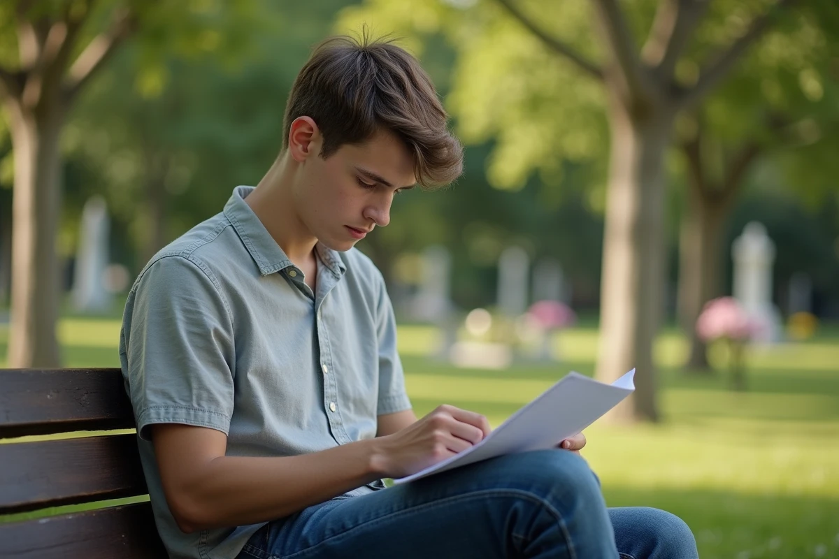 Jeune homme lisant une lettre dans un jardin de cimetière