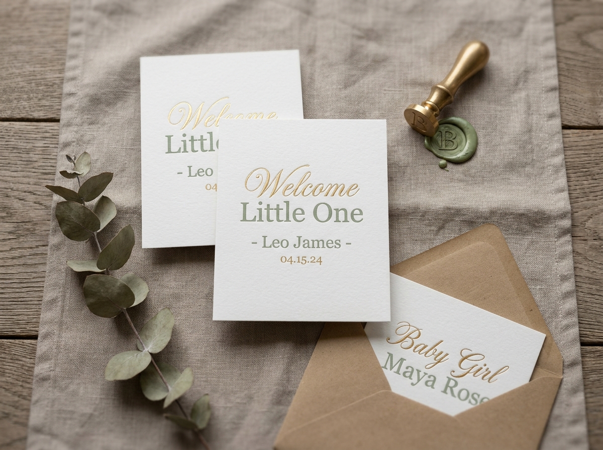 Faire-part de naissance artisanaux fabriqués en France disposés en flat lay sur tissu lin avec accessoires papeterie